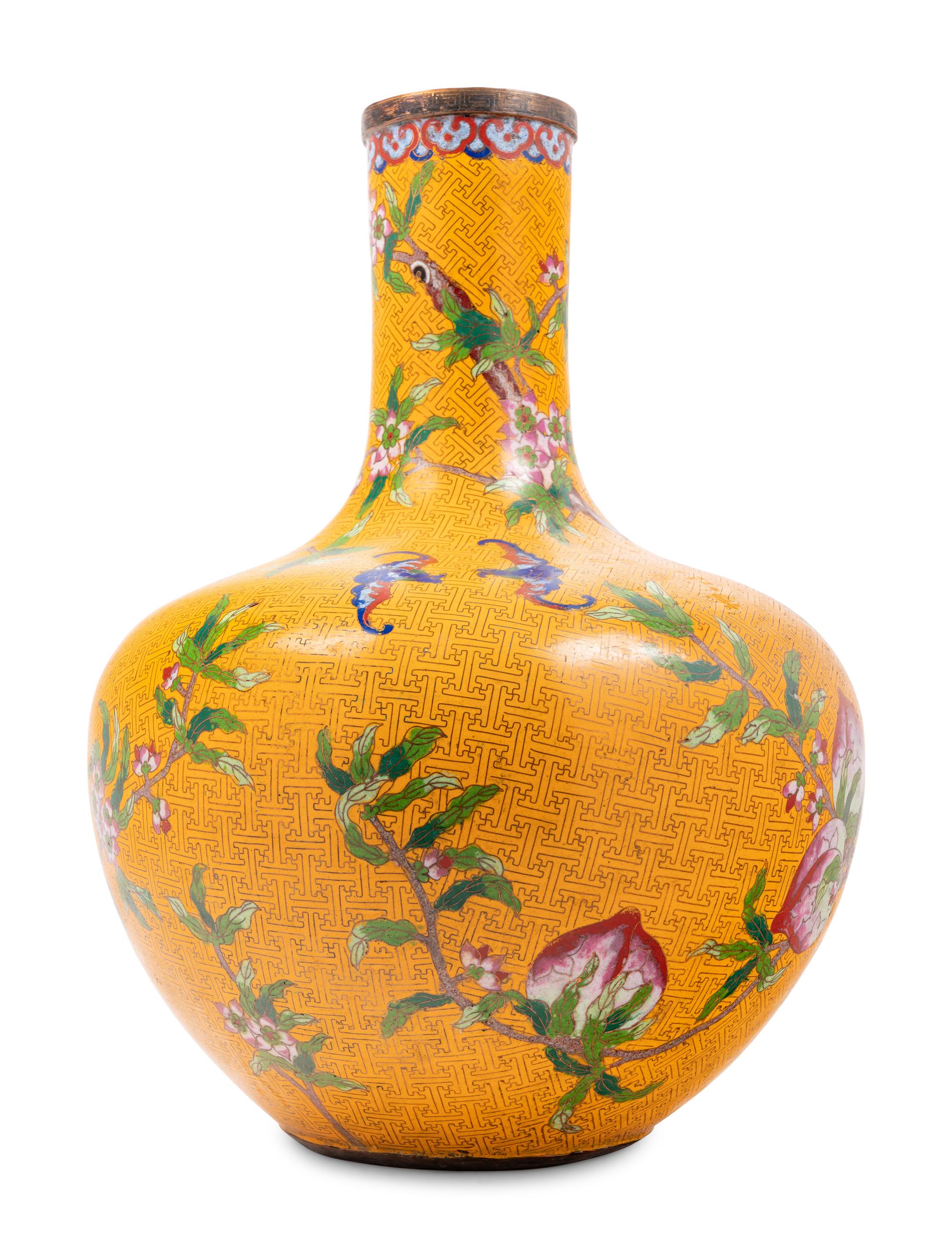 Three Large Chinese Yellow Ground Cloisonné Enamel Vases, Tianqiuping