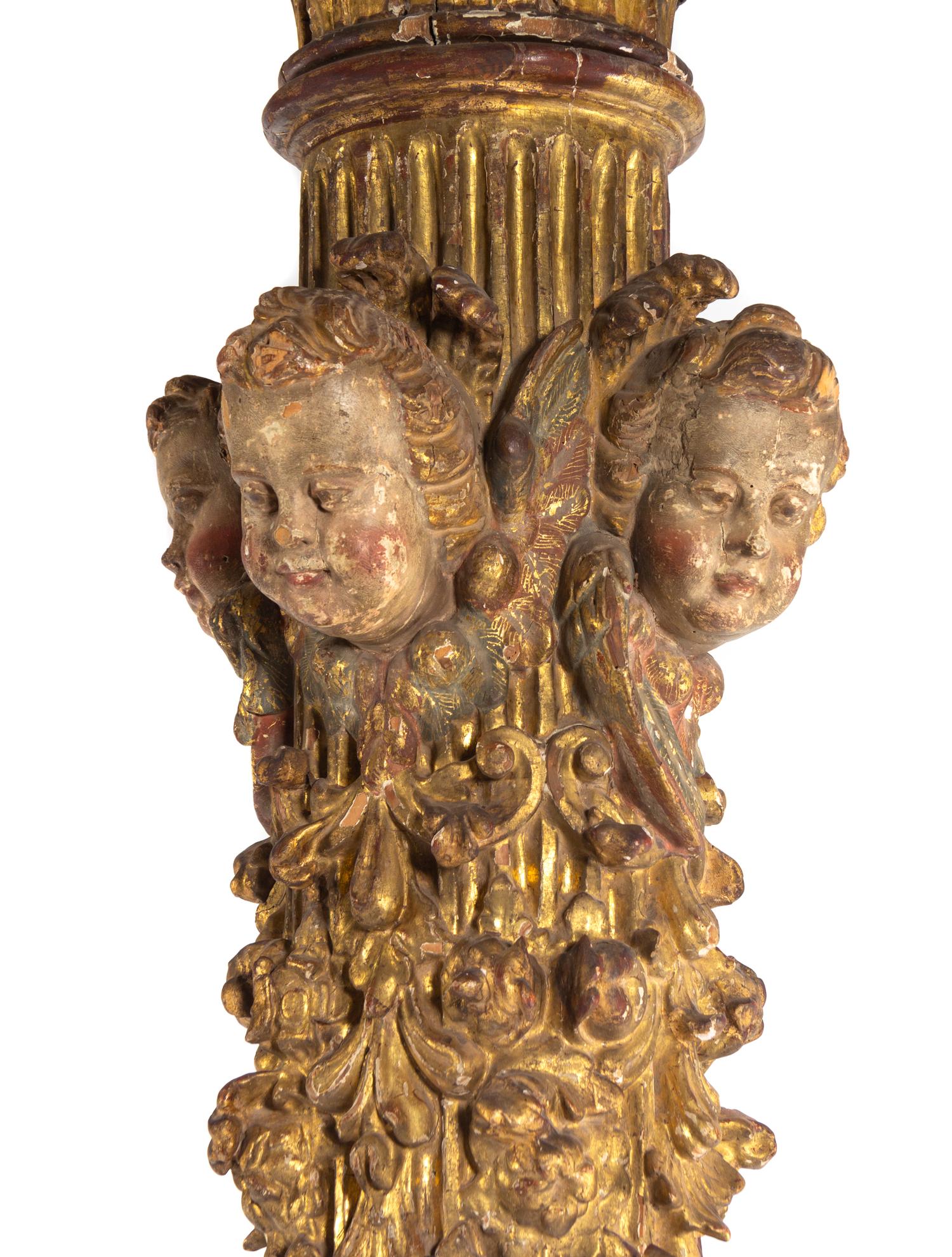 A French Baroque Carved Giltwood Pediment and Two Columns — MID 16TH CENTURY
