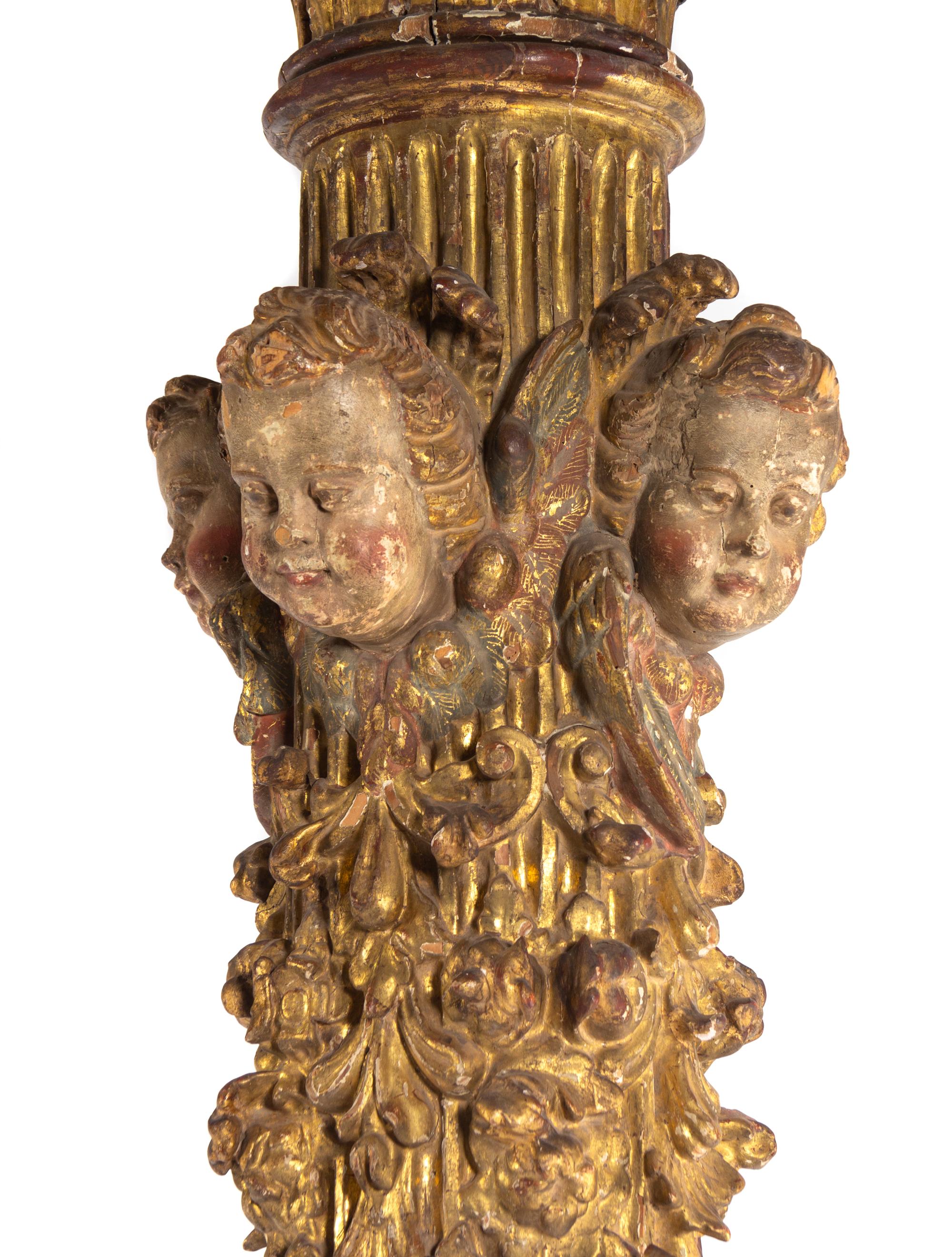 A French Baroque Carved Giltwood Pediment and Two Columns — MID 16TH CENTURY