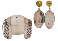 Sterling Silver Overlay Cuff Bracelet and Post Earrings, with Turquoise, Coral, and Lapis Inlay Lot is located and will ship from Denver, Colorado.