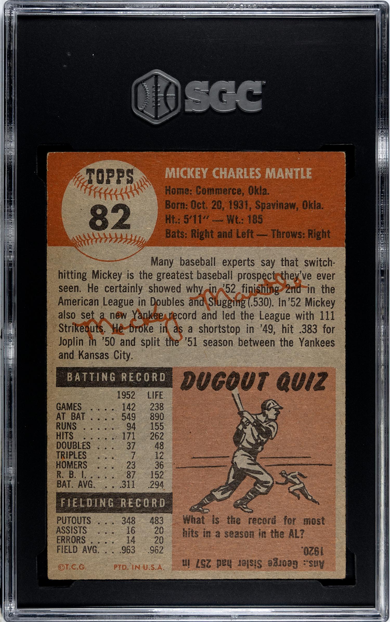 A 1953 Topps Mickey Mantle Baseball Card No. 82 (SGC 5 EX)