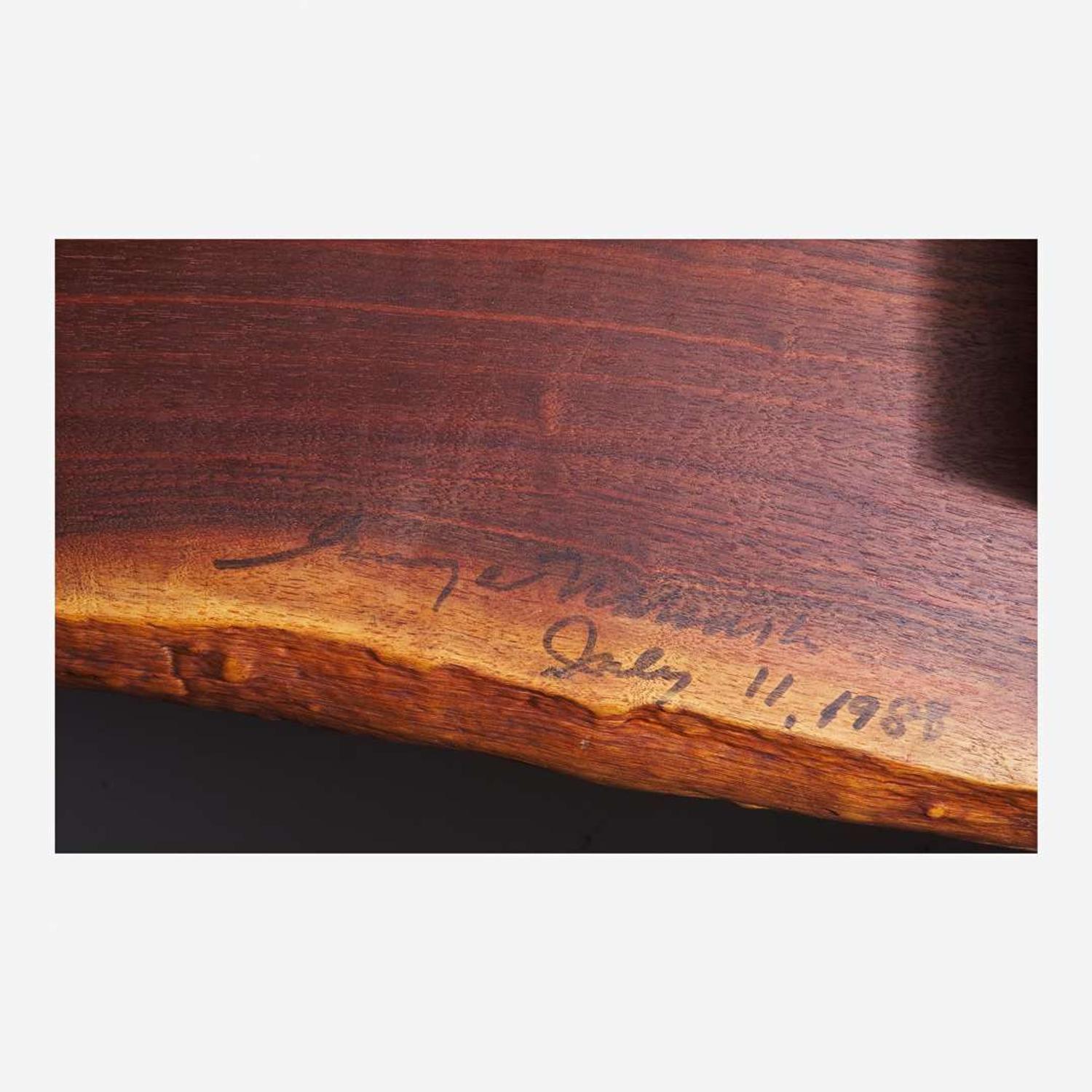 George Nakashima (American, 1905-1990) Fine Single-Board "Conoid" Dining Table and Set of Six Single-Board "Conoid" Dining Chairs, New Hope, Pennsylvania, 1988