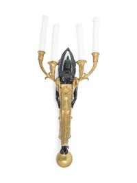 A Pair of Empire Style Gilt and Patinated Bronze Four-Light Sconces