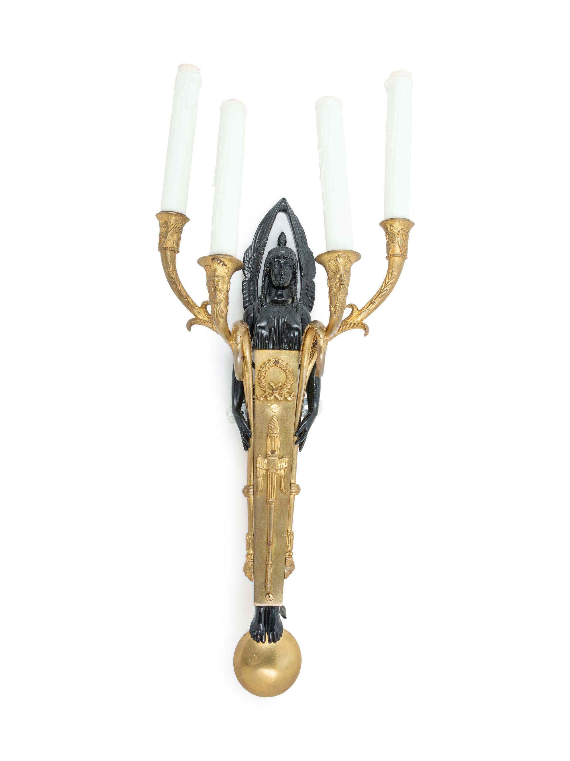 A Pair of Empire Style Gilt and Patinated Bronze Four-Light Sconces