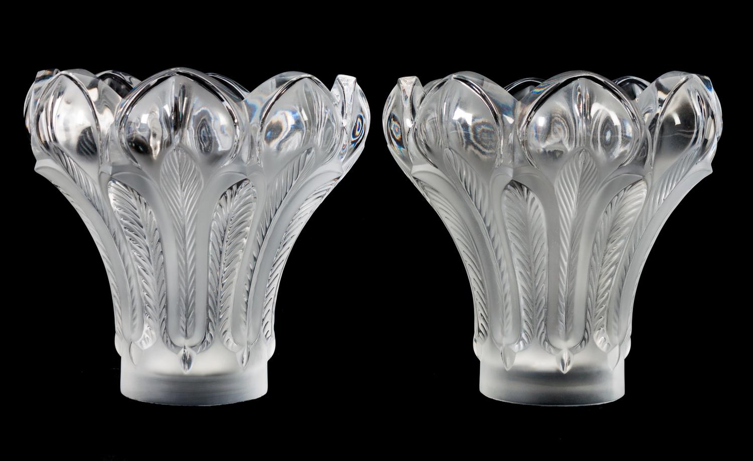 A Pair of Lalique Molded and Frosted Glass Vases Height 8 3/4 inches. — 20TH CENTURY