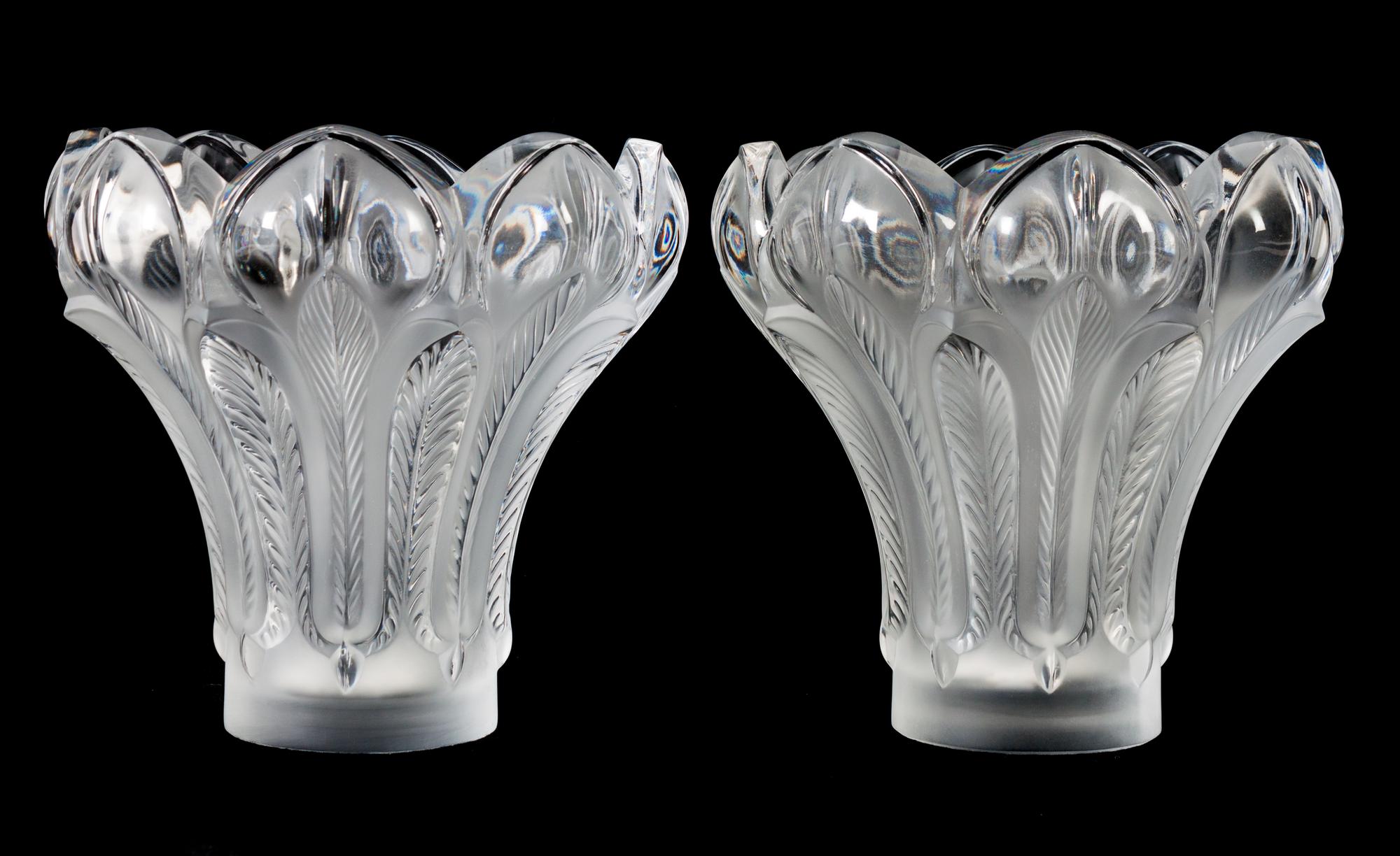 A Pair of Lalique Molded and Frosted Glass Vases Height 8 3/4 inches. — 20TH CENTURY