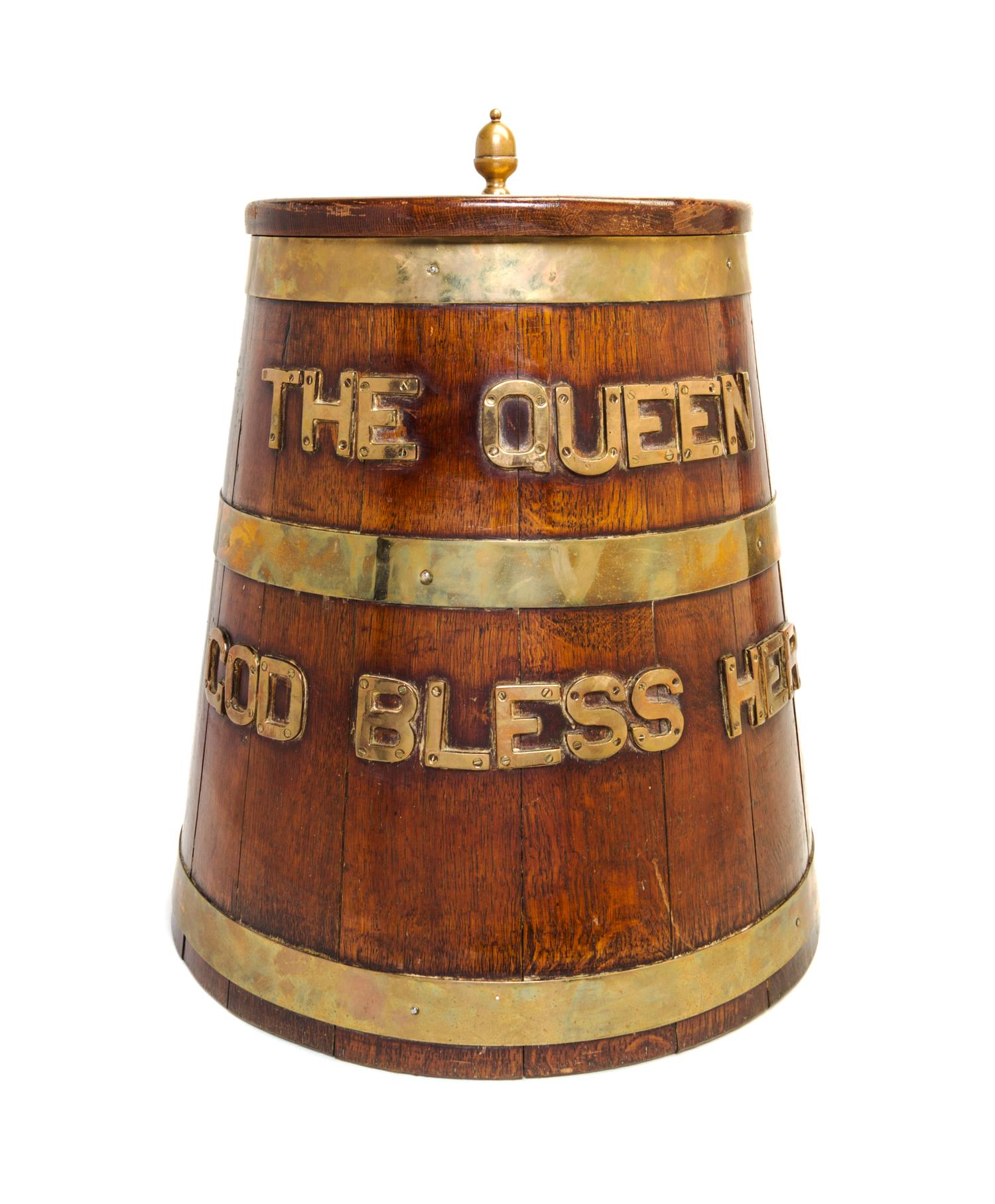 A Brass Mounted Oak Grog Cask Height 21 1/2 inches.