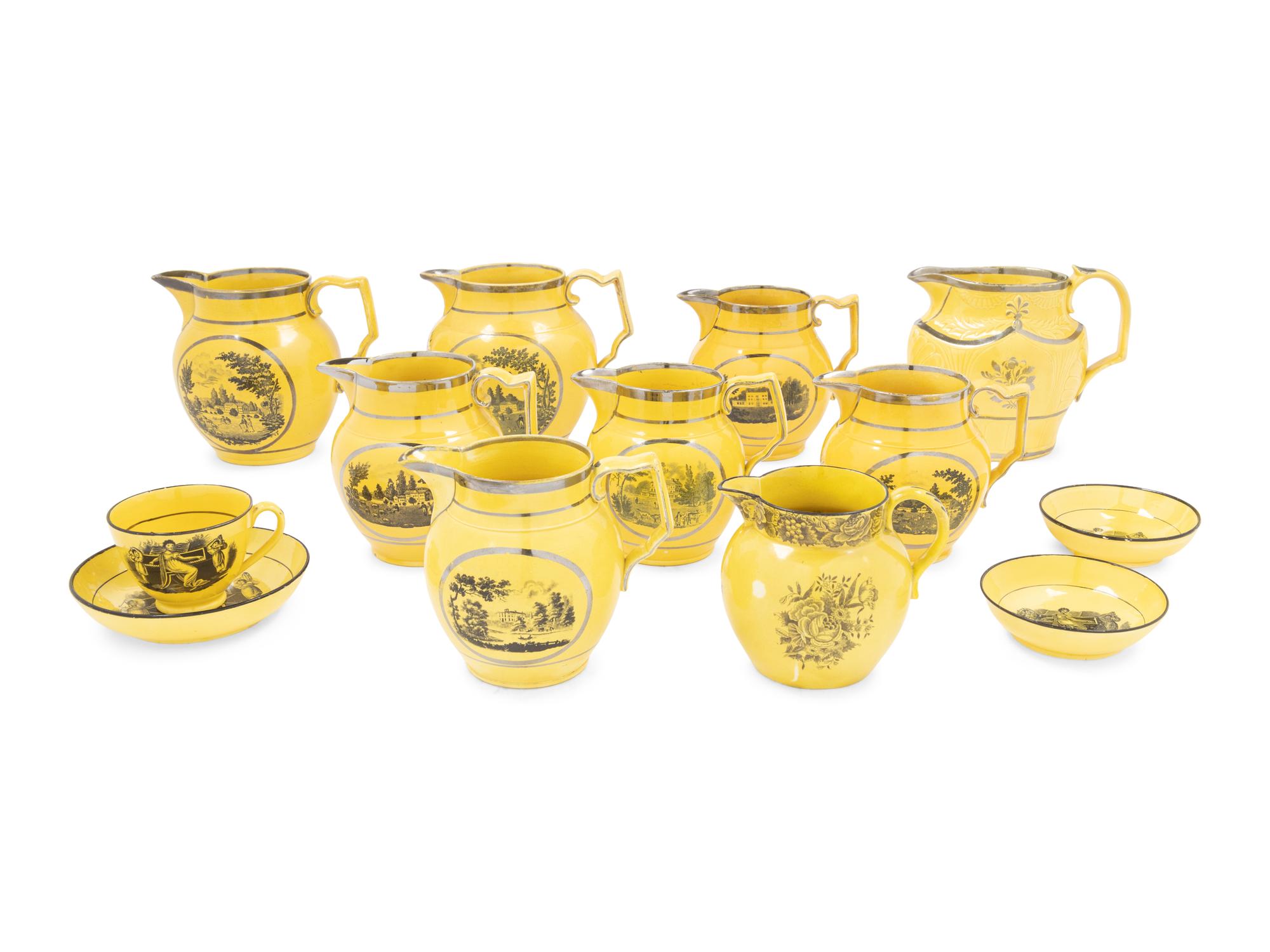 A Collection of Thirteen English Yellow Ground Transfer Wares