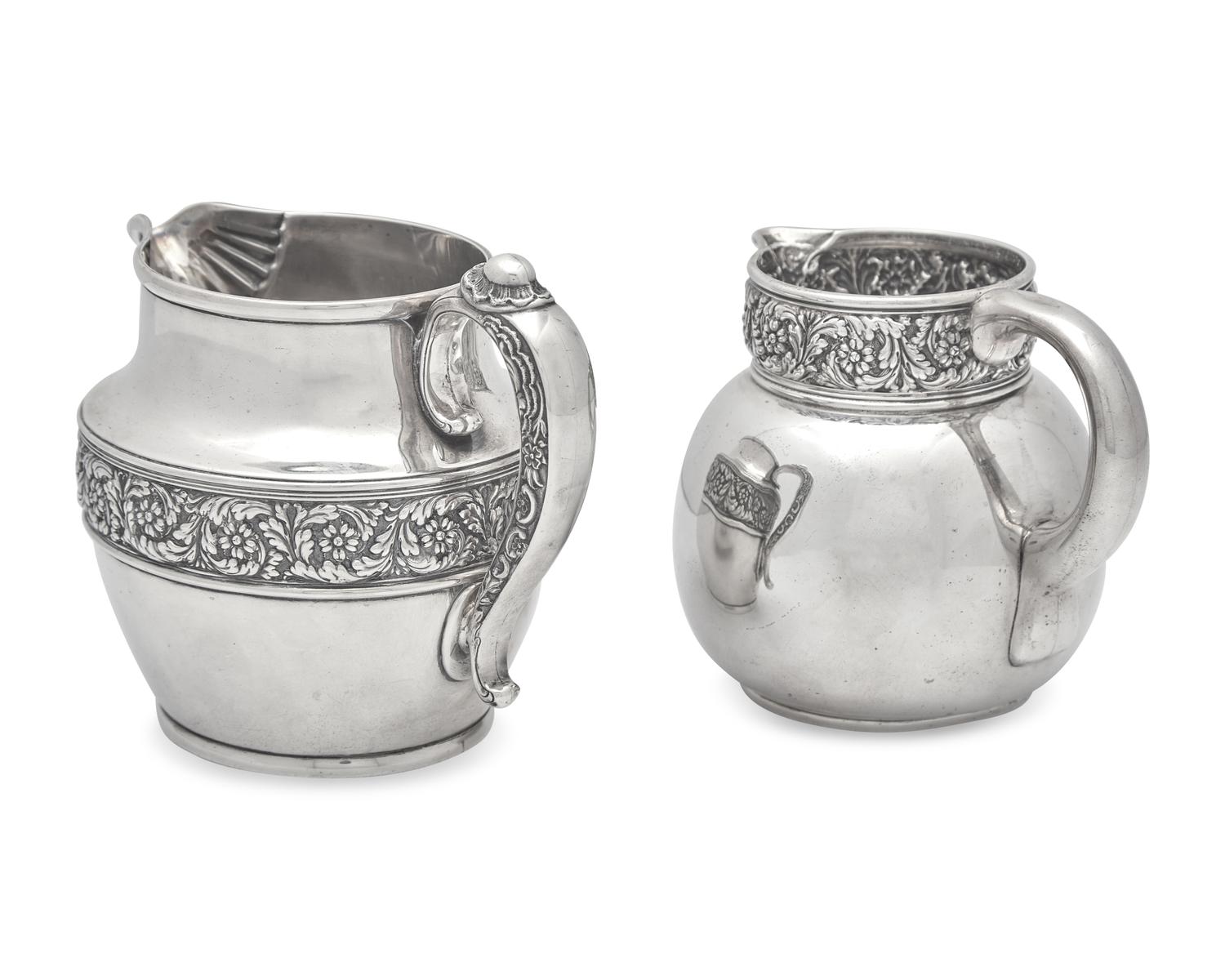 Two Sterling Silver Floral Repousse Pitchers, Tiffany & Co., New York, NY, Circa 1880-1890s