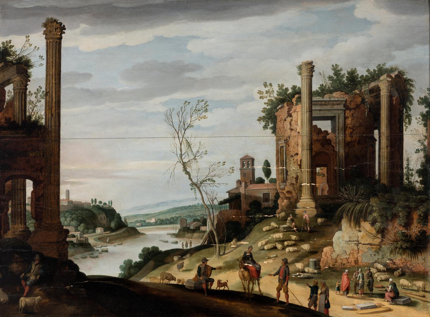 A River Landscape with Classical Ruins, Shepherds, and Shepherdesses and their Flock