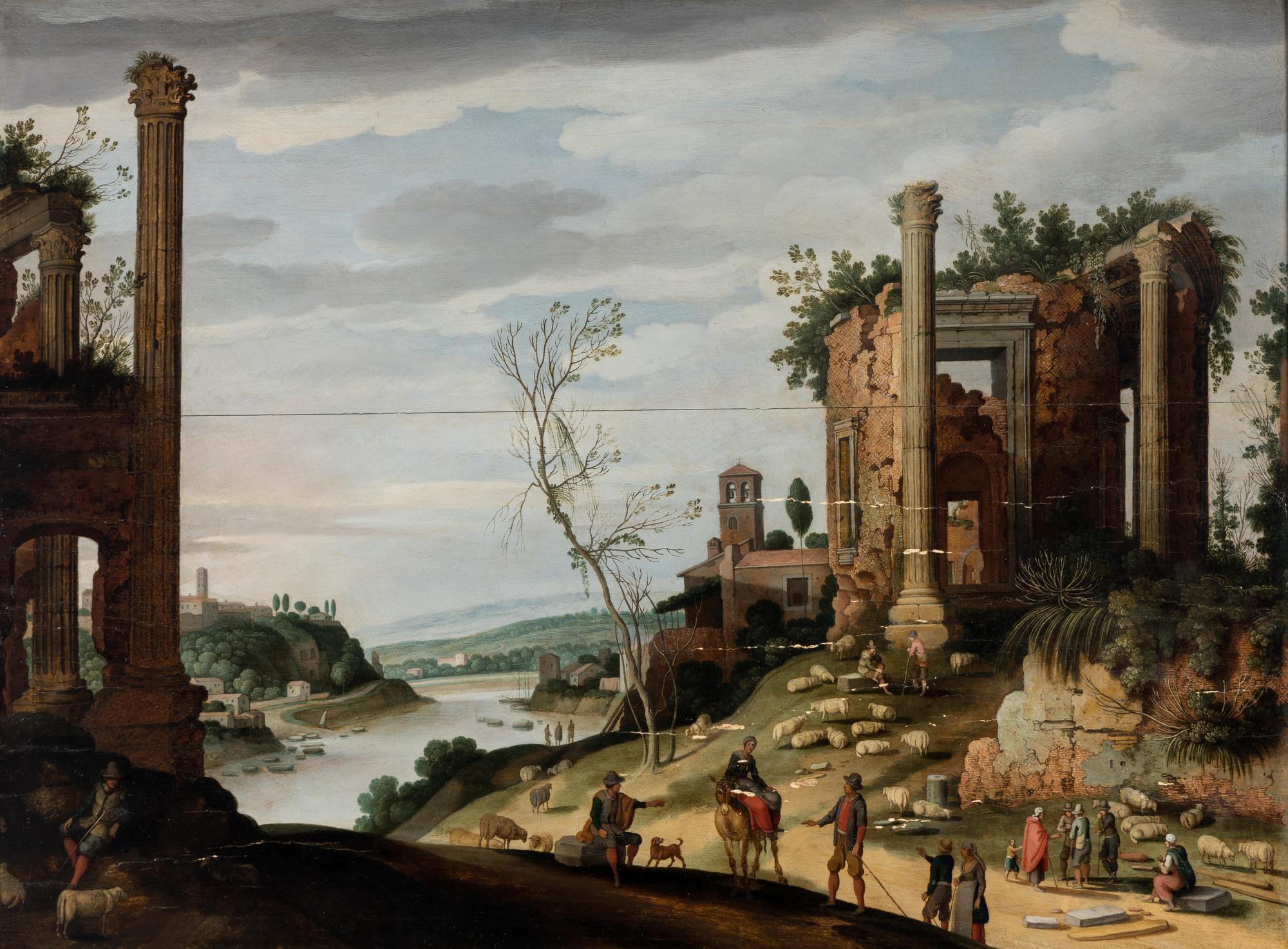 A River Landscape with Classical Ruins, Shepherds, and Shepherdesses and their Flock