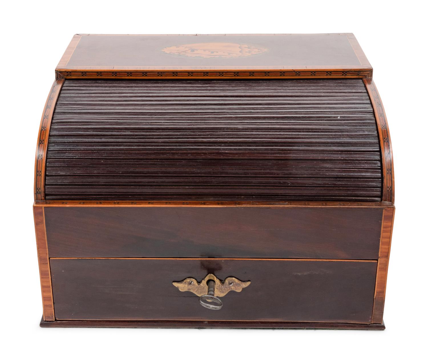 A Regency Marquetry and Parquetry Decorated Mahogany Tambour-Front Writing Box