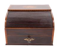 A Regency Marquetry and Parquetry Decorated Mahogany Tambour-Front Writing Box