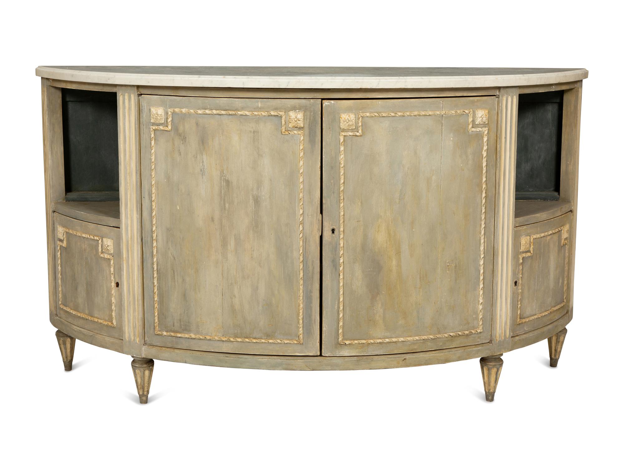 A Louis XVI Style Grey-Painted Marble-Top Demilune Cabinet