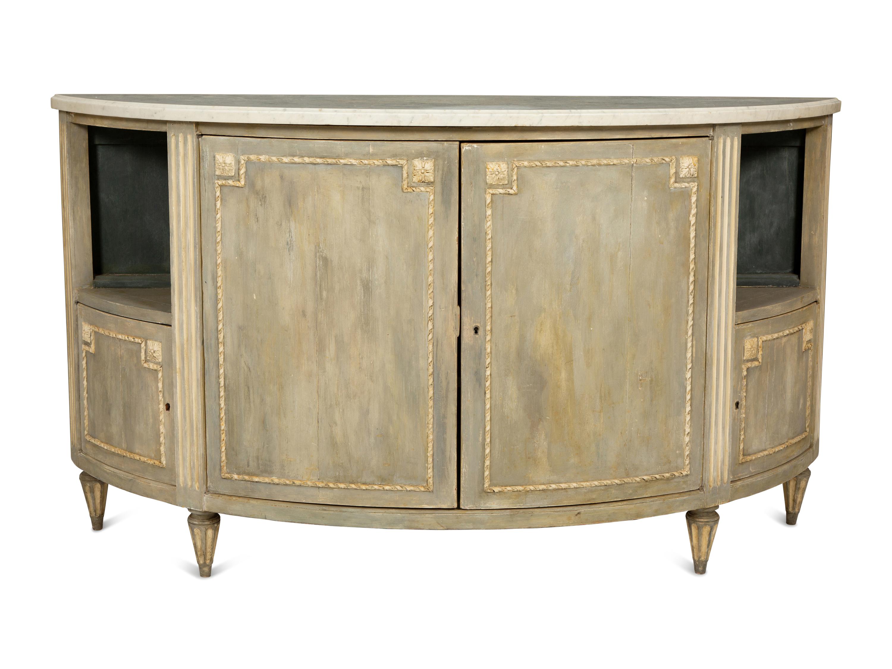 A Louis XVI Style Grey-Painted Marble-Top Demilune Cabinet
