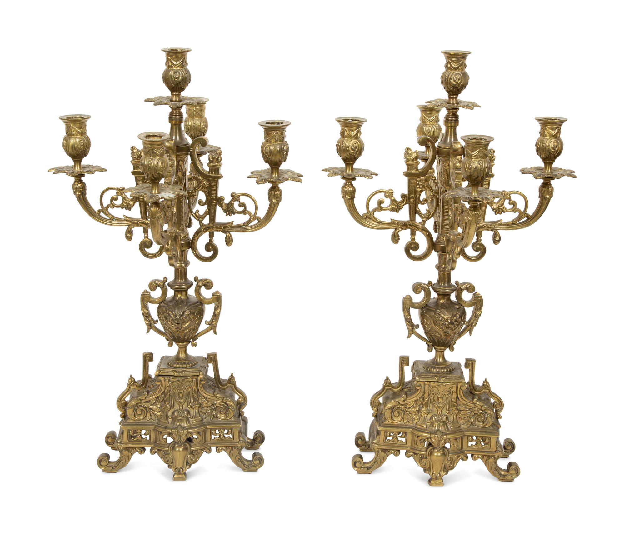 A Pair of Gilt Metal Five-Light Candelabra