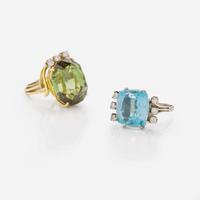 A Set of Two Gold Rings with Diamonds and Gemstones