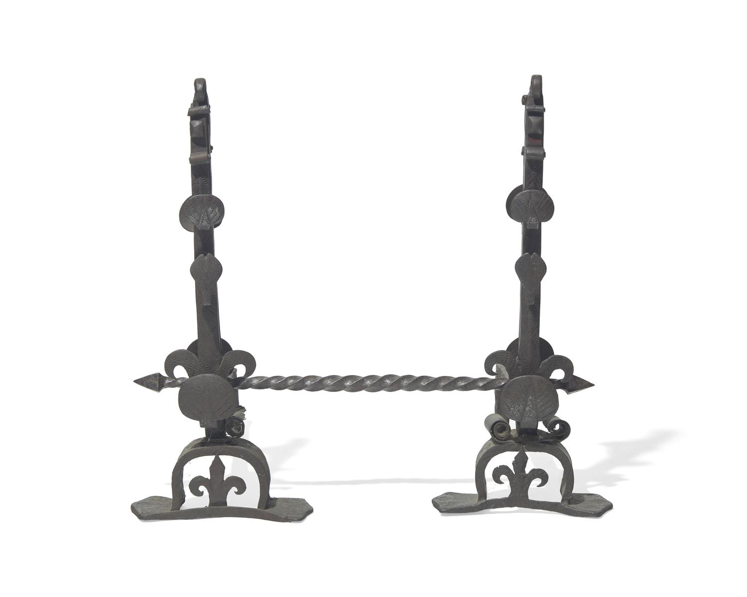 A Pair of Wrought Iron Andirons with Crossbar
