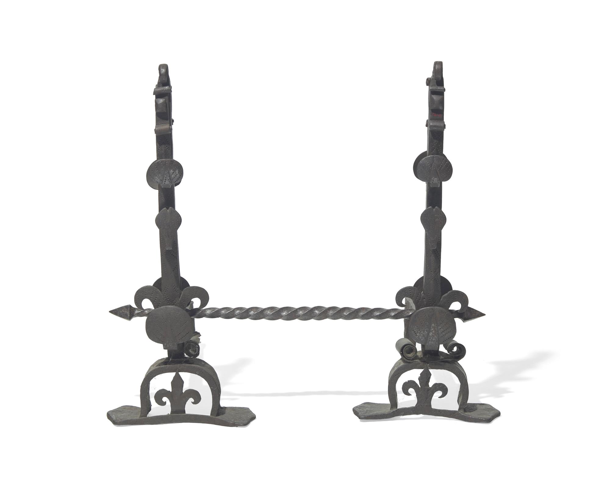 A Pair of Wrought Iron Andirons with Crossbar