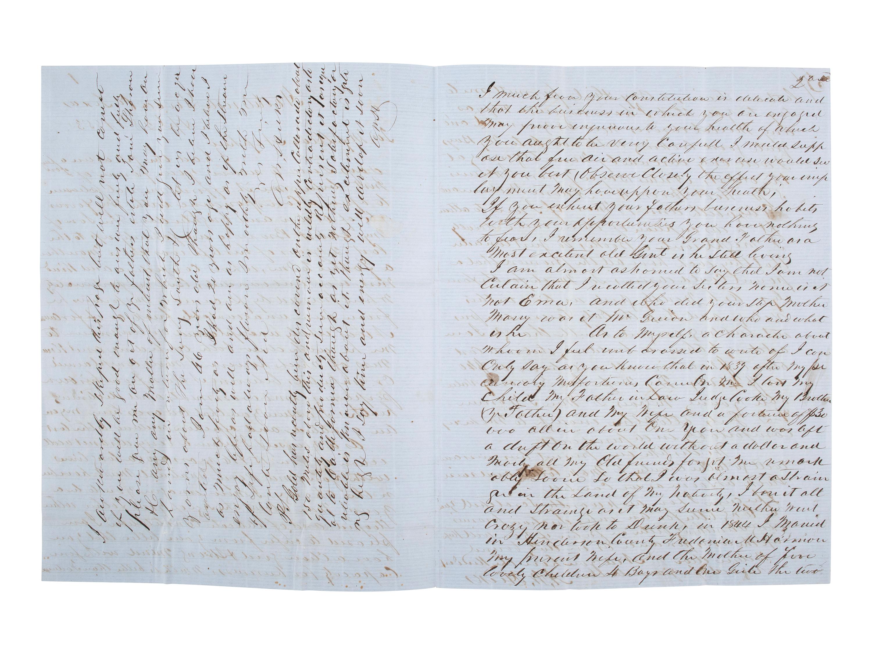 [TEXAS]. A letter from an enslaver detailing the value of enslaved persons and noting the recent discovery of gold. Hallettsville, TX, 28 April 1853. [With:] Additional letter to same recipient.