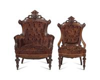 A Four-Piece Renaissance-Revival Carved Walnut And Burl-Walnut Veneered Parlor Suite