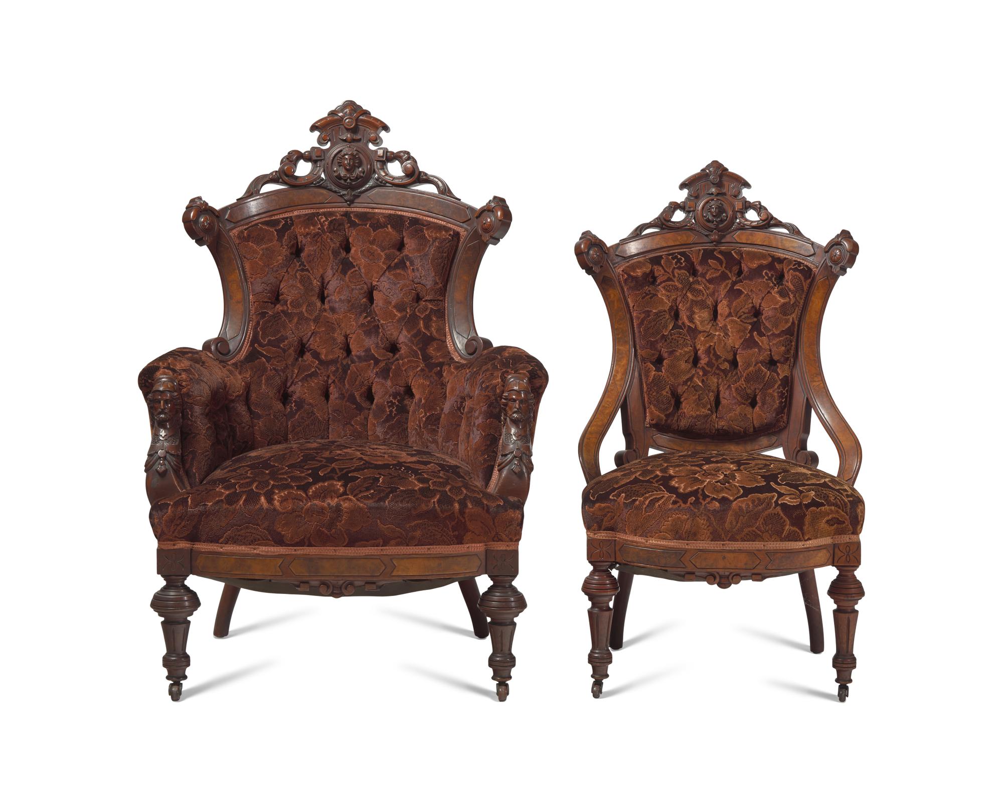 A Four-Piece Renaissance-Revival Carved Walnut And Burl-Walnut Veneered Parlor Suite