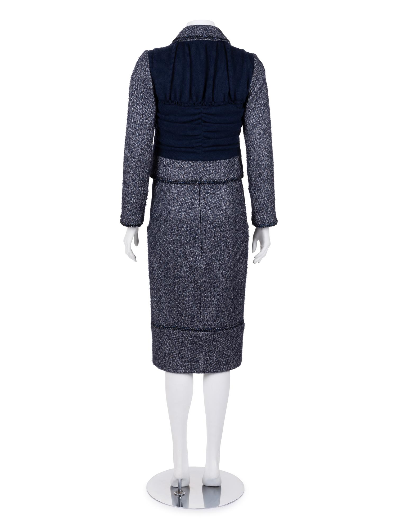 Chanel Blue and Gray Tweed Skirt Suit with Braid Detail, c. 2015