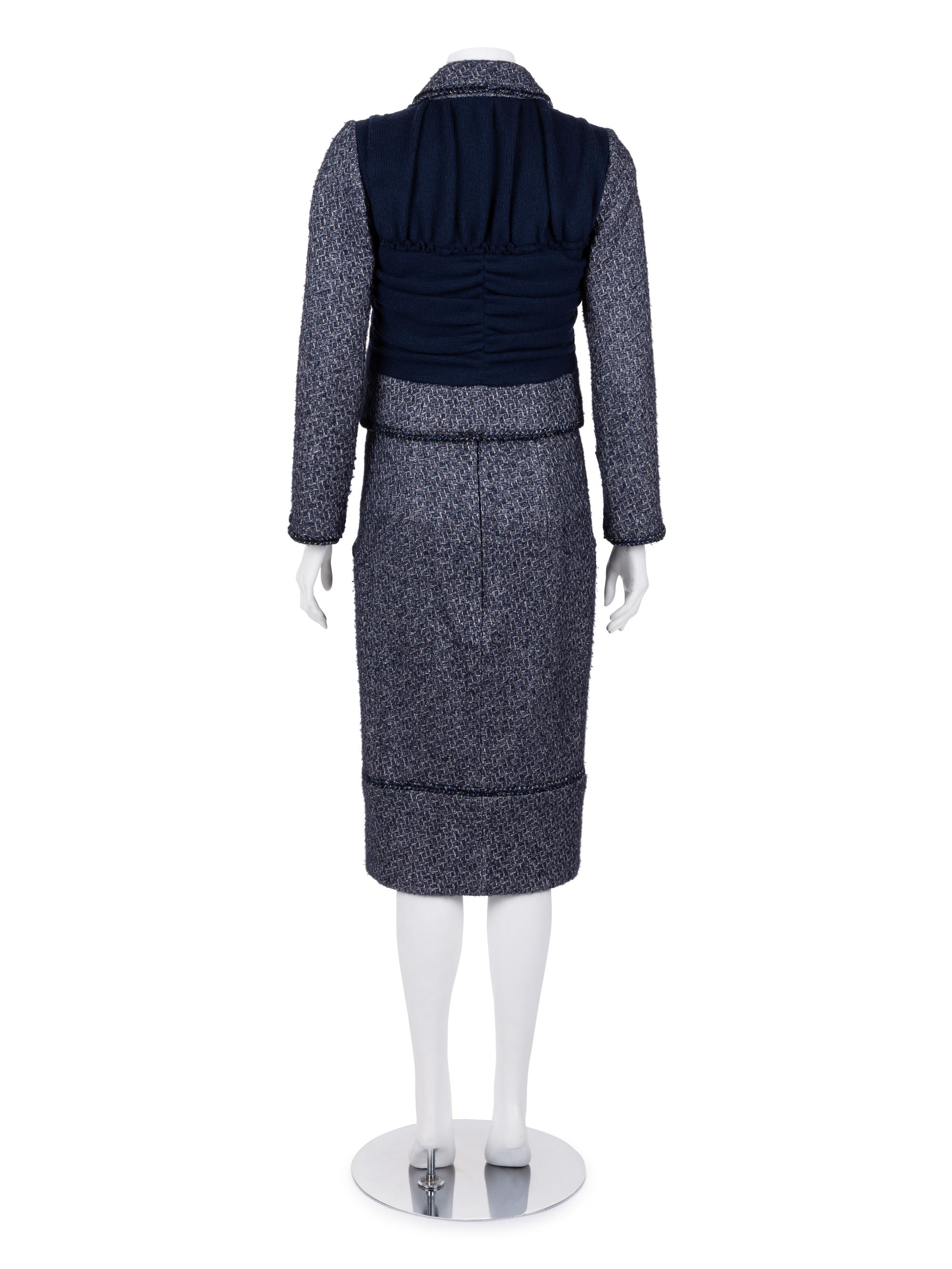 Chanel Blue and Gray Tweed Skirt Suit with Braid Detail, c. 2015
