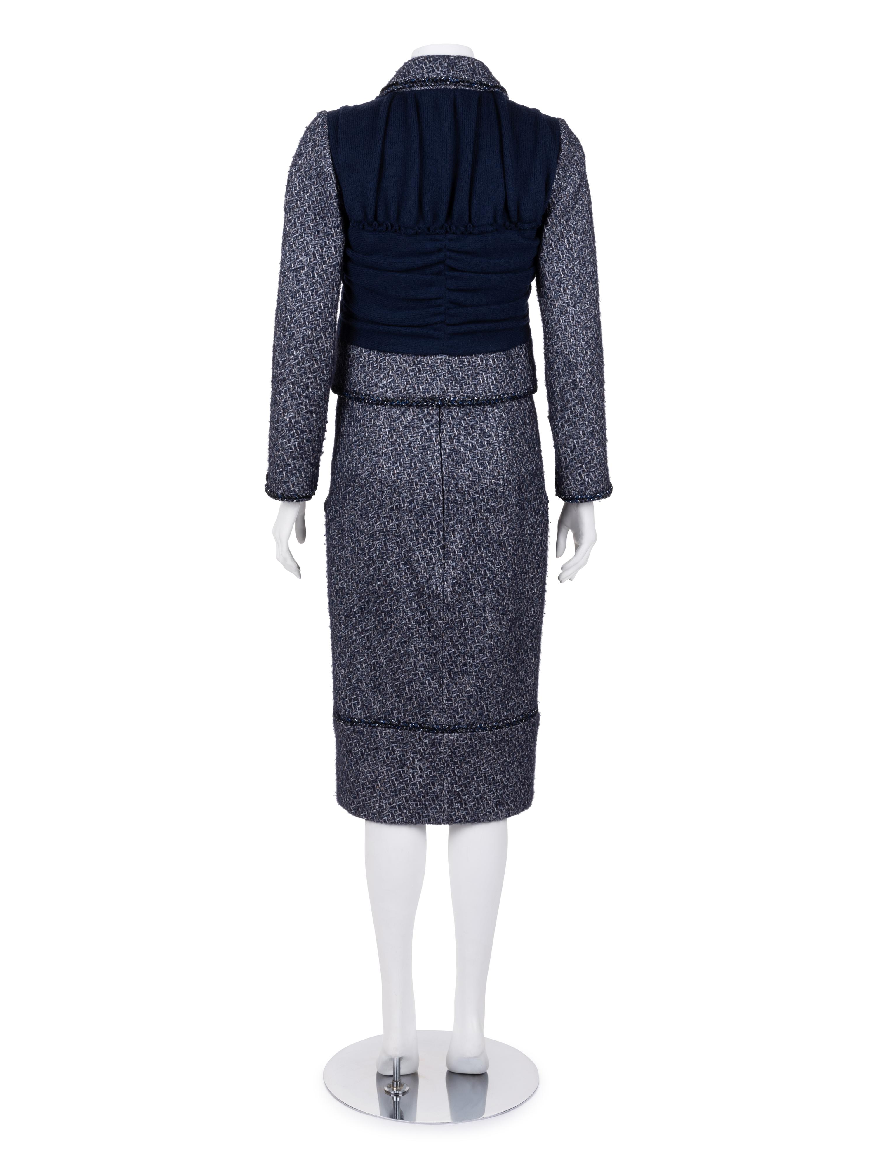 Chanel Blue and Gray Tweed Skirt Suit with Braid Detail, c. 2015