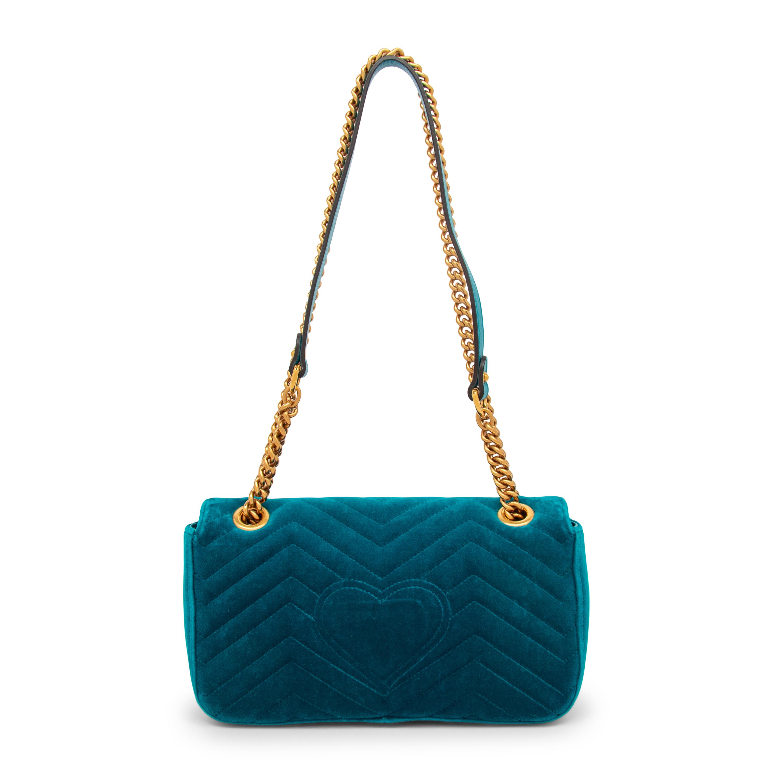 GUCCI, TEAL VELVET MARMONT BAG