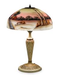 An American Reverse Painted Glass Table Lamp Diameter of shade 17 inches, height overall 24 1/2 inches.