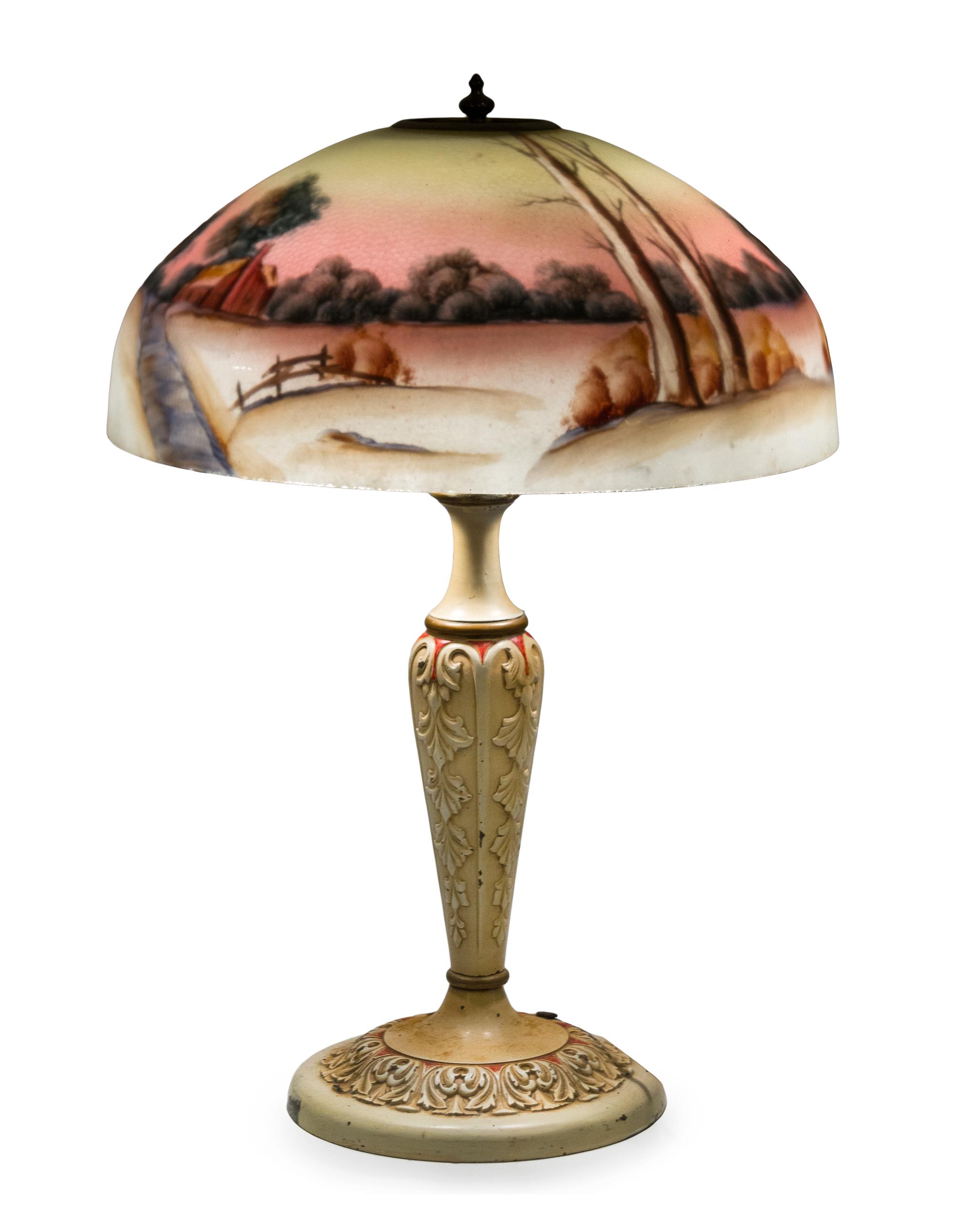 An American Reverse Painted Glass Table Lamp Diameter of shade 17 inches, height overall 24 1/2 inches.