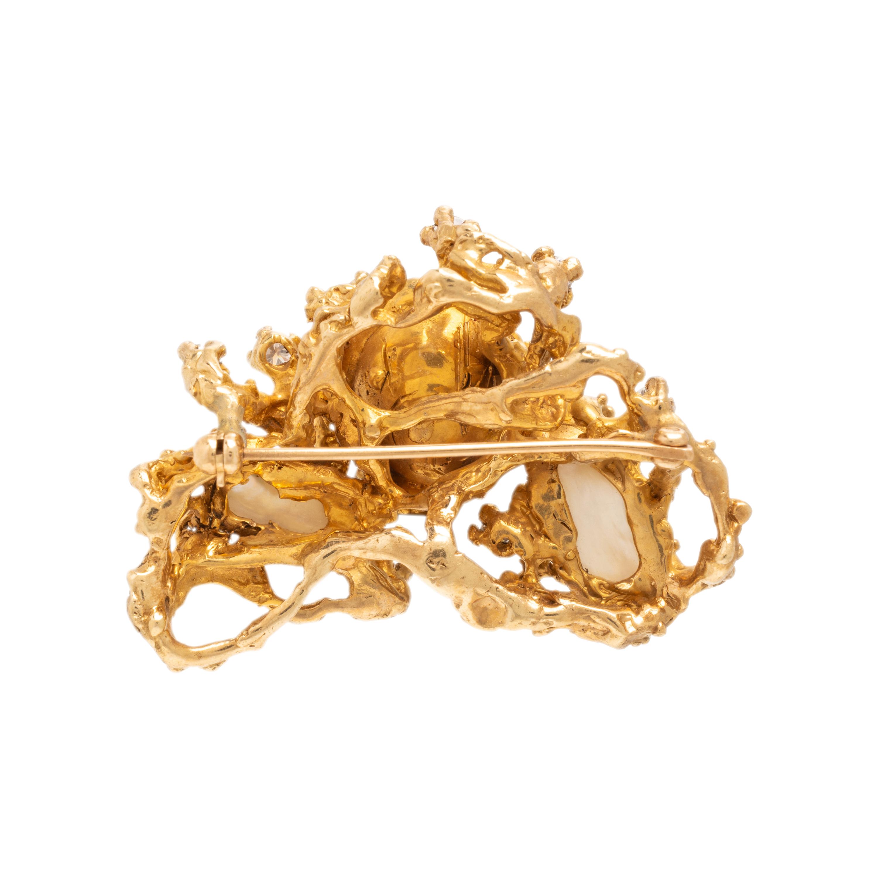 Cultured Pearl, Diamond, and Yellow Gold Brooch