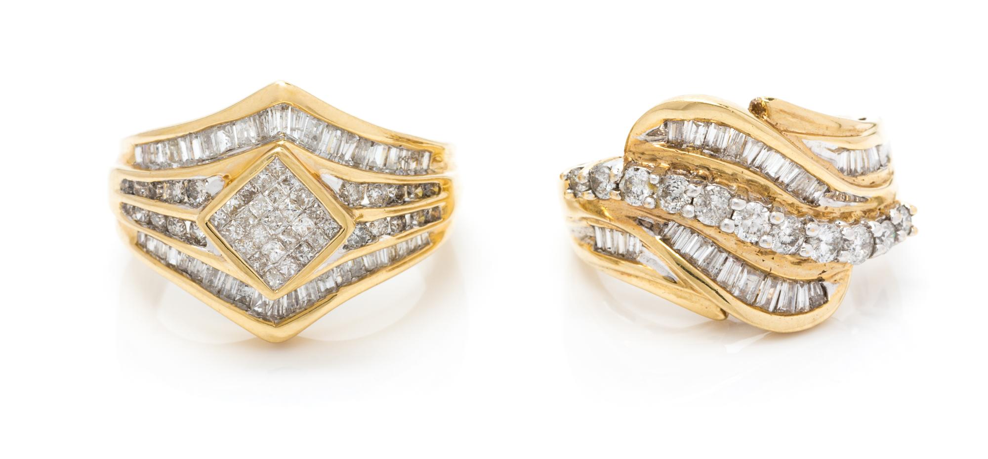 A Collection of 14 Karat Yellow Gold and Diamond Rings, 6.90 dwts.