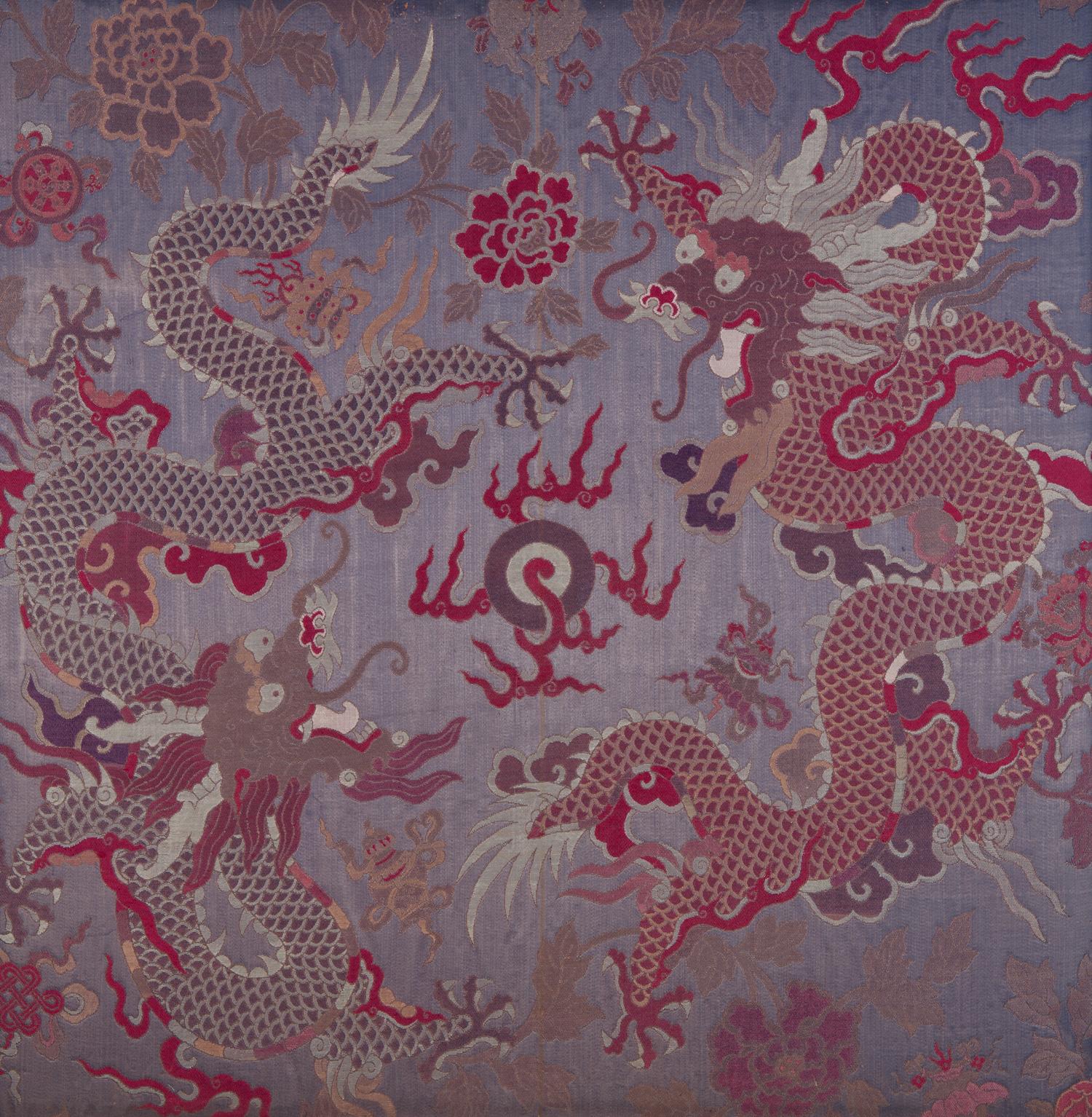 A Large Chinese Woven Silk 'Dragon' Panel, 19th Century — 清中期 雙龍戲珠織錦鏡框