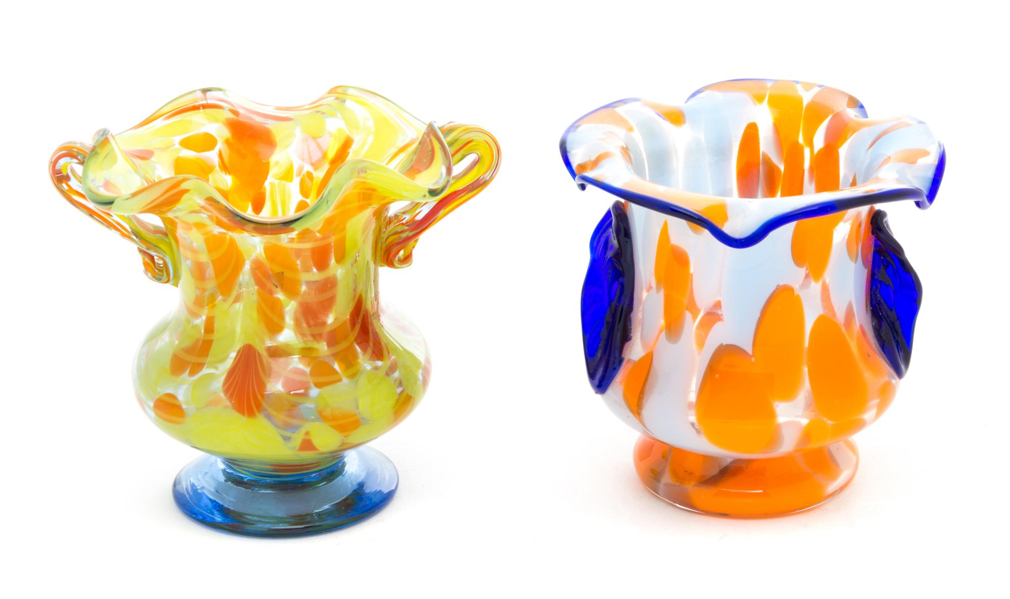 Two Czechoslovakian Applied Glass Vases Height of taller 4 1/4 inches.