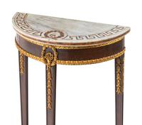 A Pair of Neoclassical Parcel-Gilt Mahogany Marble-Top Demilune Tables