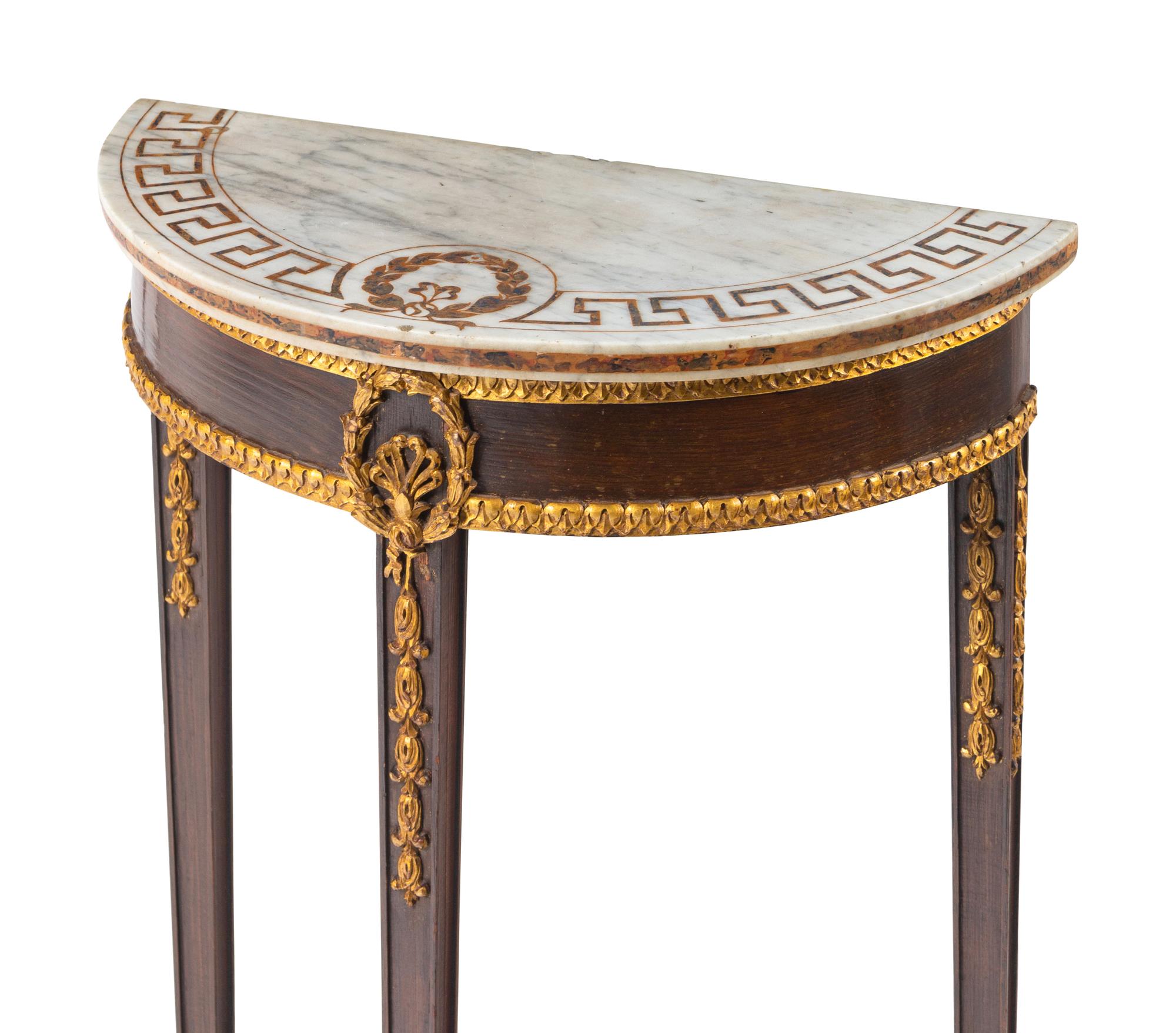 A Pair of Neoclassical Parcel-Gilt Mahogany Marble-Top Demilune Tables
