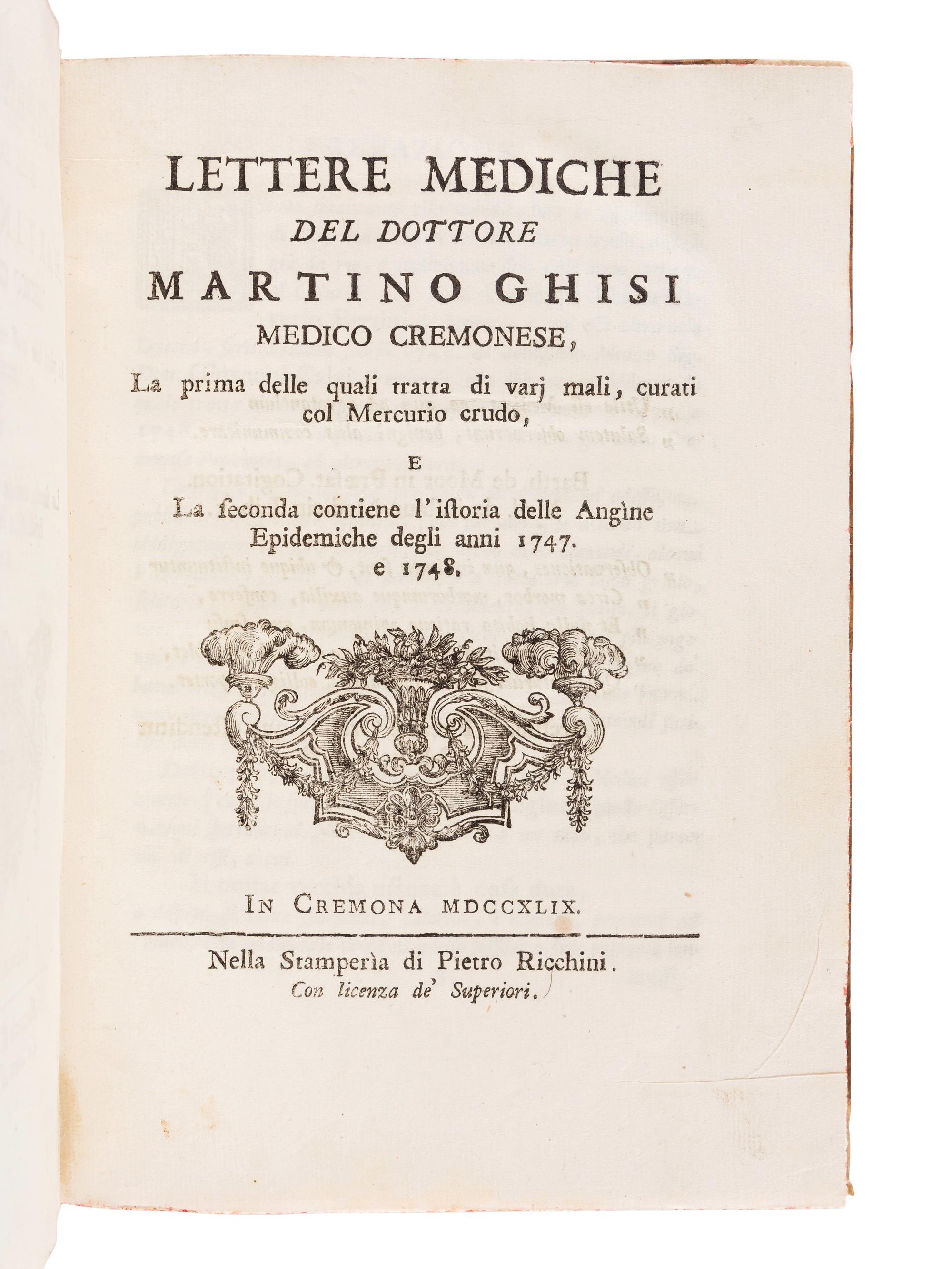 GHISI, Martino (1715-1794). Lettere Mediche . Cremona: Pietro Ricchini, 1749.