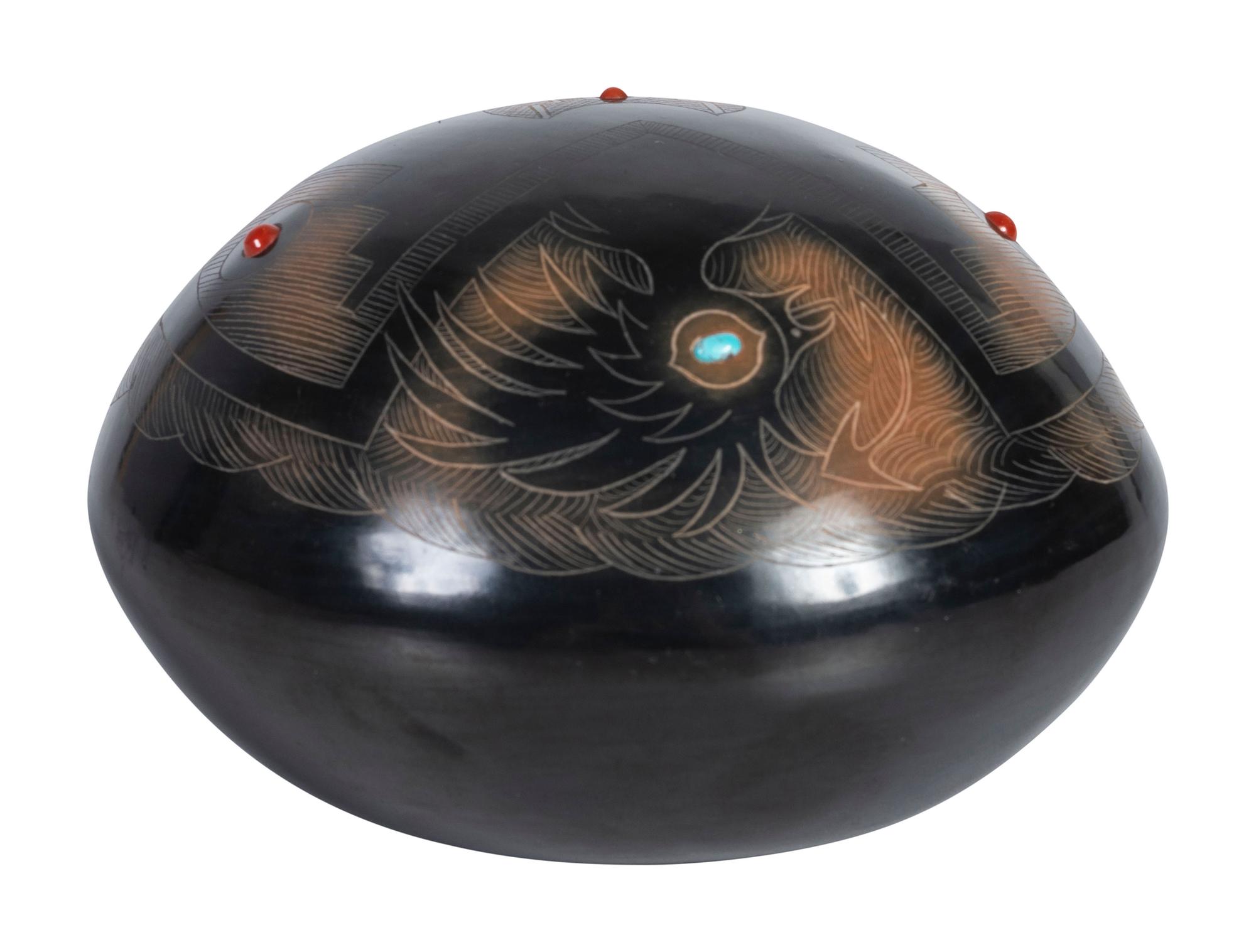 Black and Sienna Sgraffito Pottery Seed Jar, with Coral and Turquoise Beads