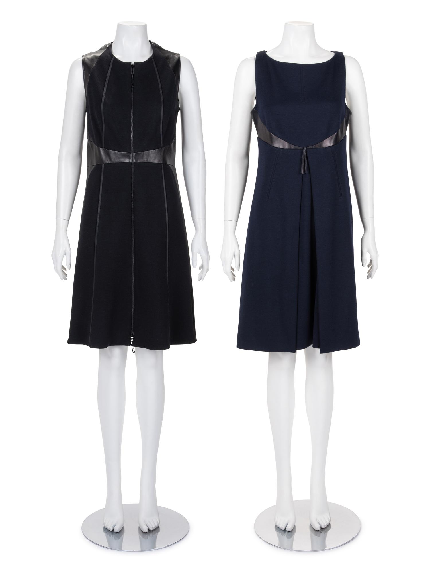 Two Ralph Rucci Leather Paneled Sleeveless Dresses, c. 2010s