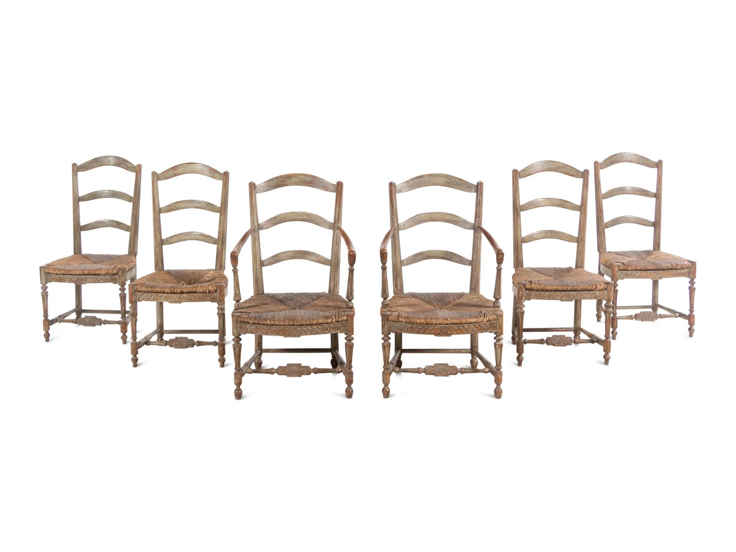 A Set of Six French Provincial Green-Painted Rush-Seat Dining Chairs