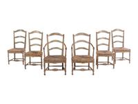 A Set of Six French Provincial Green-Painted Rush-Seat Dining Chairs