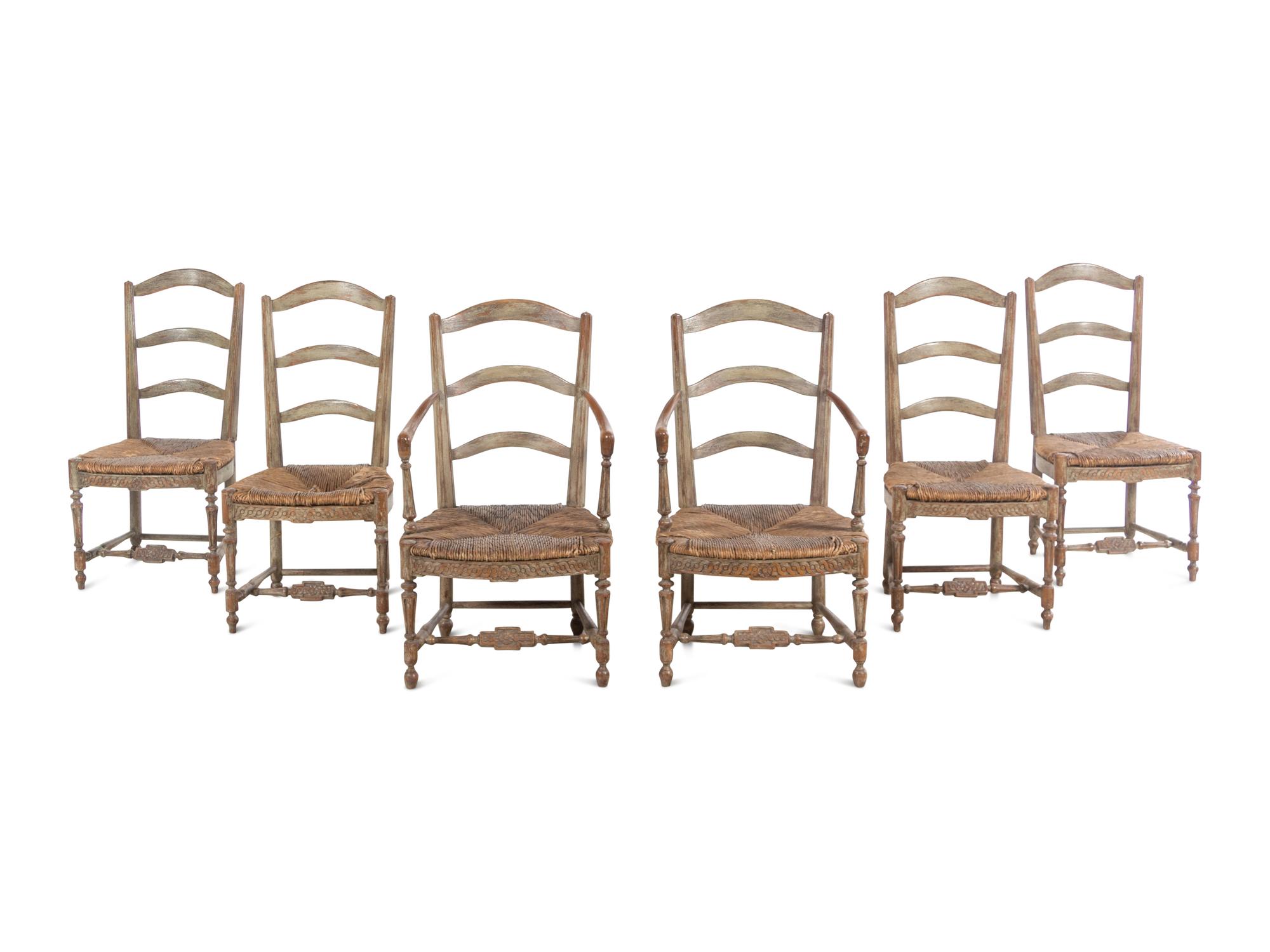 A Set of Six French Provincial Green-Painted Rush-Seat Dining Chairs