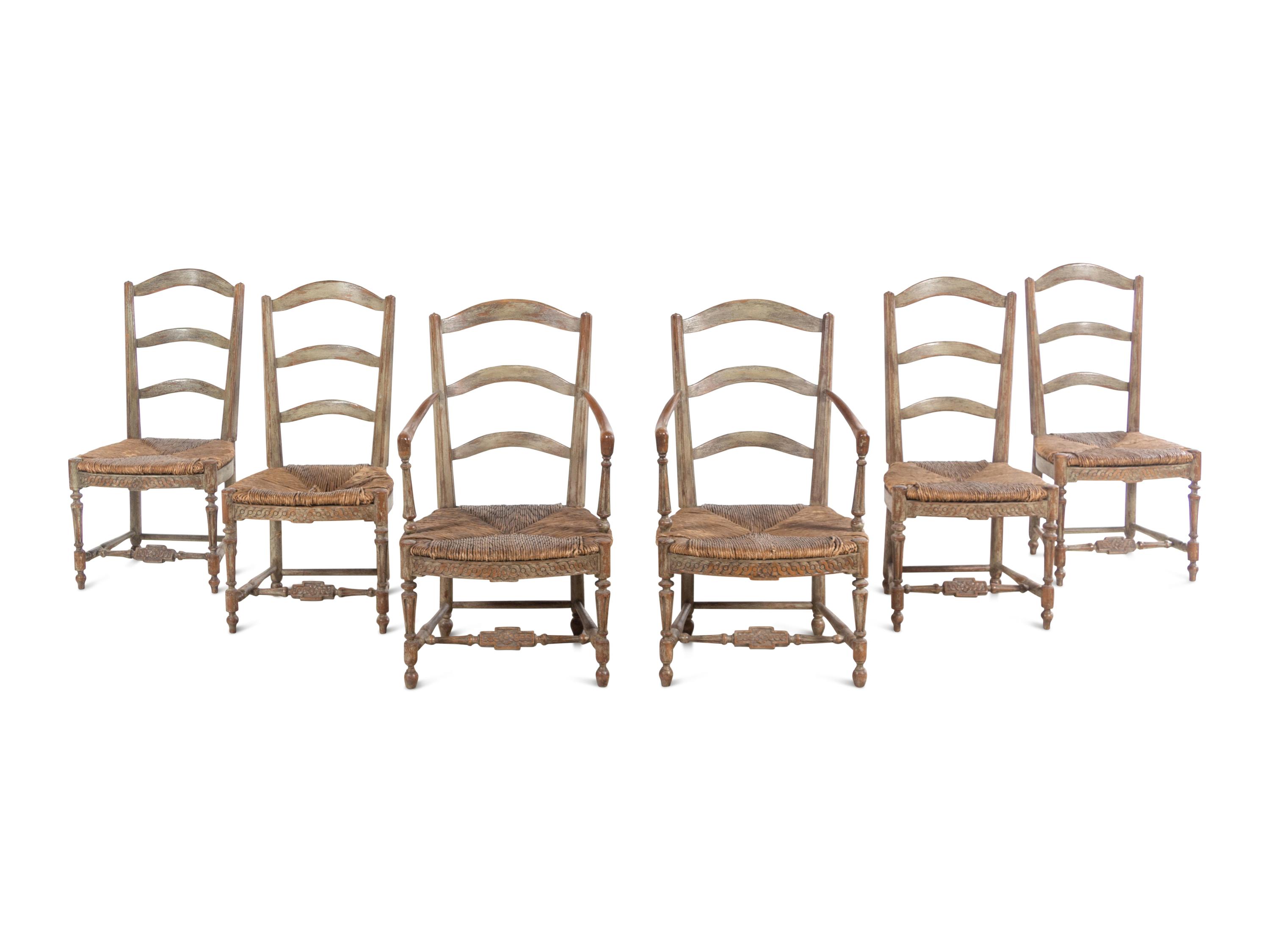A Set of Six French Provincial Green-Painted Rush-Seat Dining Chairs