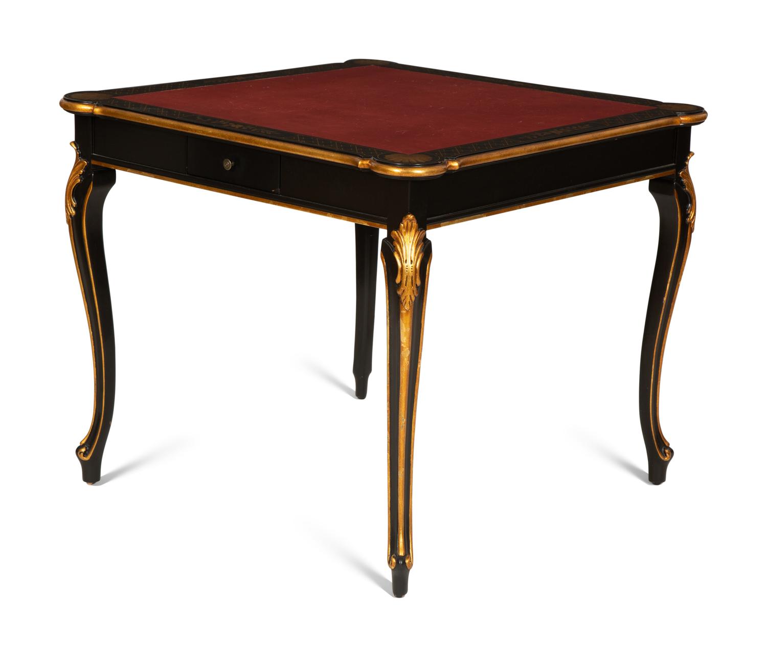 A Regency Style Black Lacquer and Parcel Gilt Card Table with Red Inset Leather Top
