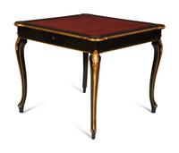 A Regency Style Black Lacquer and Parcel Gilt Card Table with Red Inset Leather Top