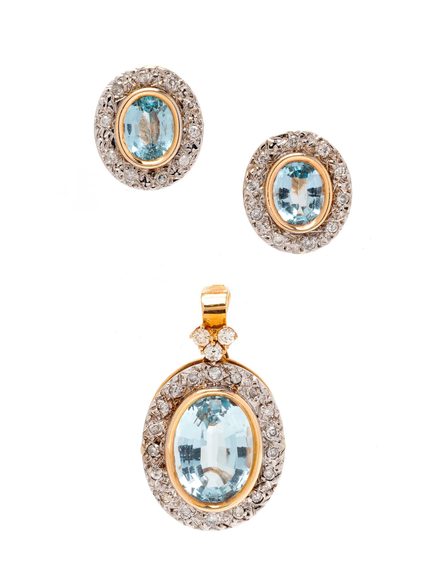 A Bicolor Gold, Blue Topaz and Diamond Demi-Parure,