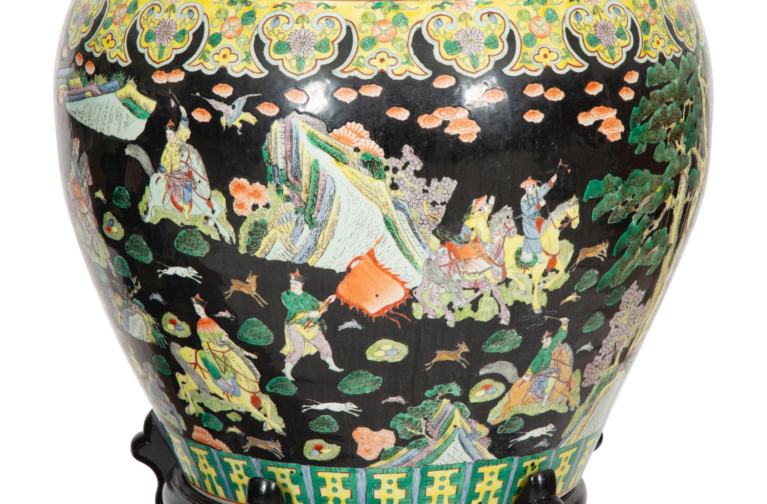 A Pair of Large Famille Noir Porcelain Fish Bowls on Teak Stands