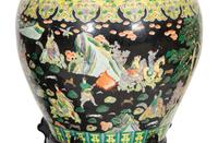 A Pair of Large Famille Noir Porcelain Fish Bowls on Teak Stands
